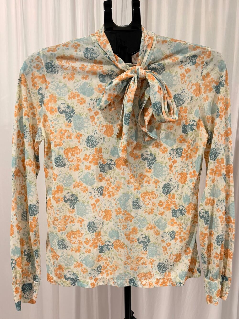 Vintage Style Sears Floral Bow Retro Blouse Long Sleeve Tie Neck Blue Orange